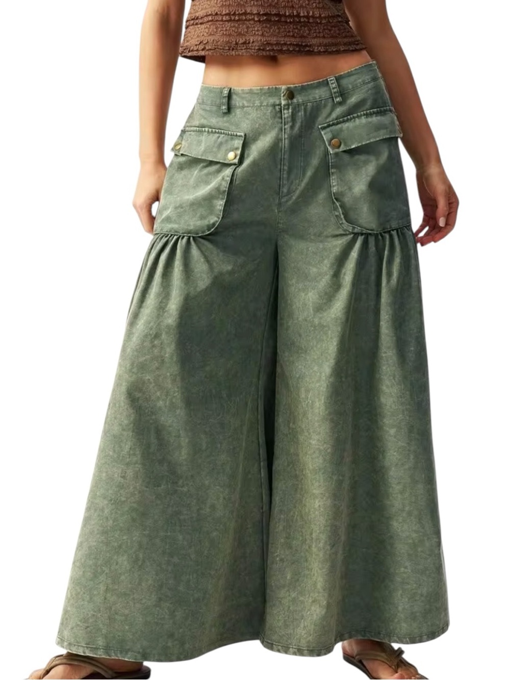 Bohemela Womens XL Green Mineral Wash Wide Leg Cargo Pants Boho Lagenlook